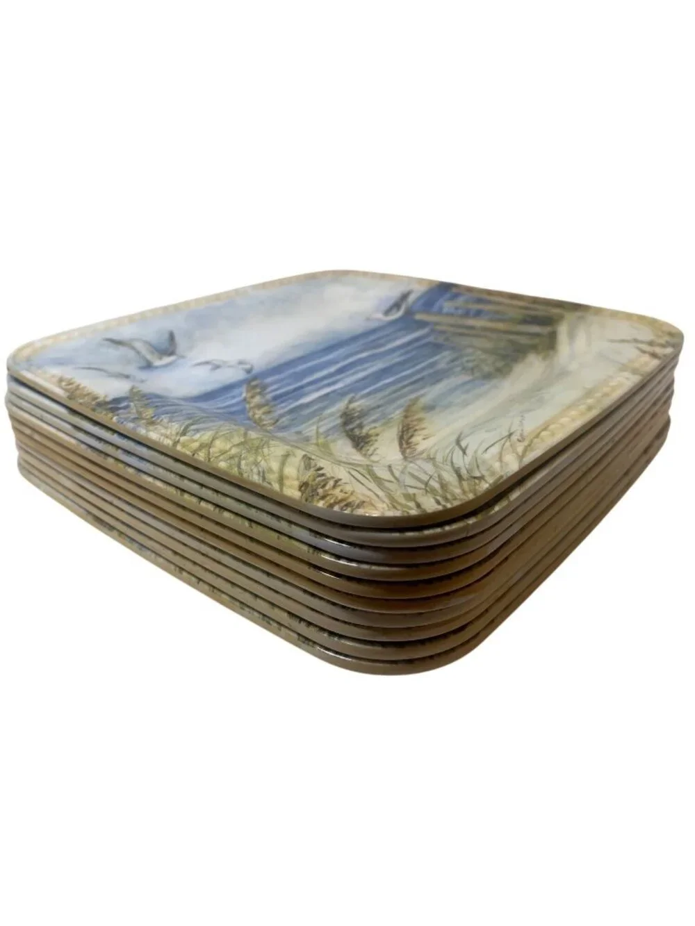 Set Of 10 Keller Charles Melamine Square Plates with Coastal Seagull & Ocean Sce